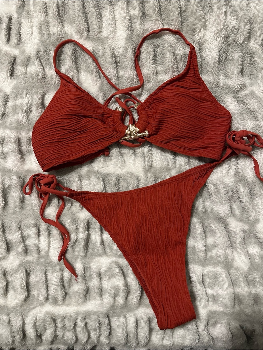 Rust Red Textured Tie-Side Bikini Set
